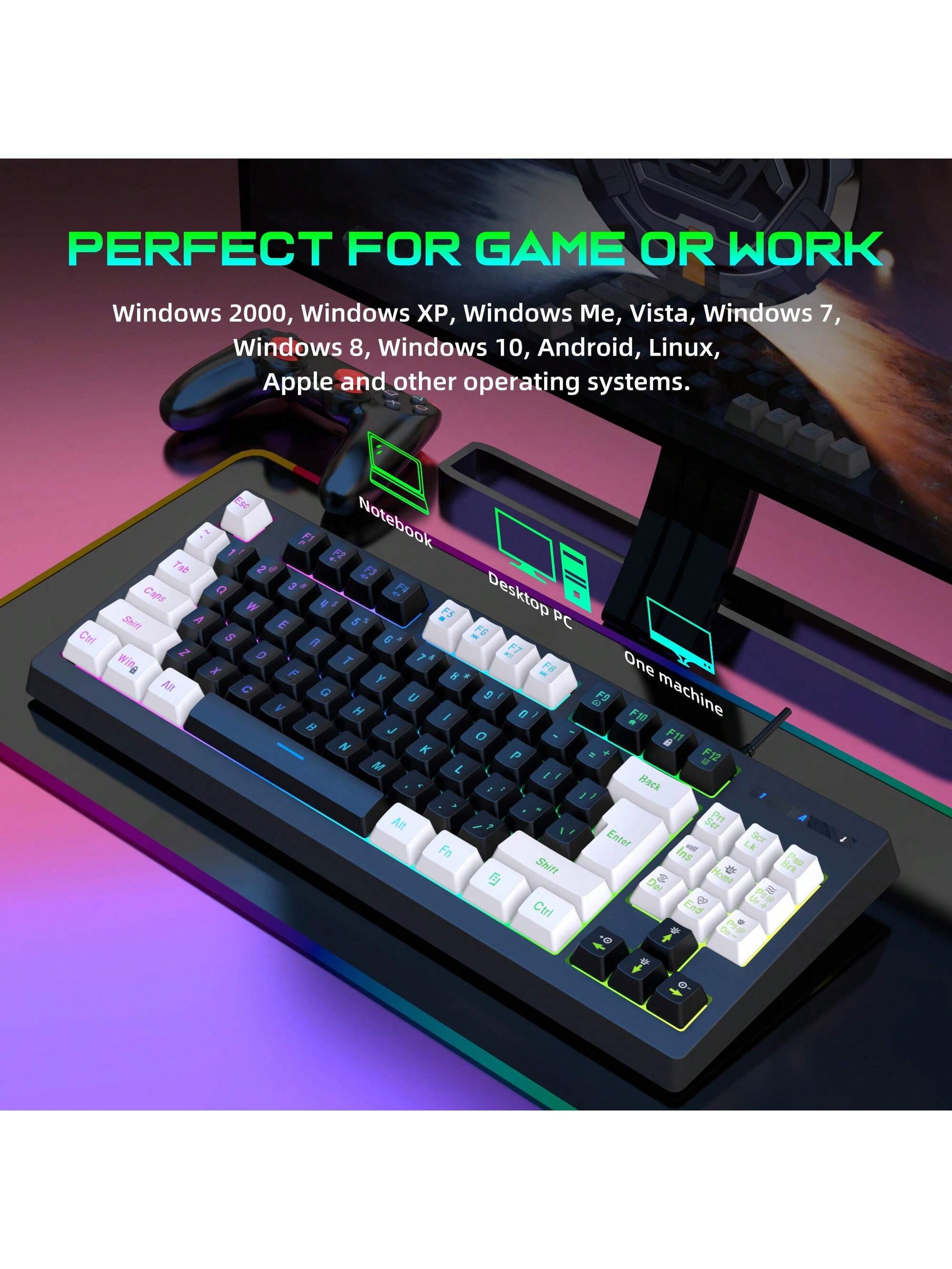 Snpurdiri Snpurdiri Rgb Illuminated, Compact Gaming Keyboard, Usb Cable 87-Key Gaming Keyboard, Led Rainbow Backlit Keyboard, Membrane Keyboard, Suitable for Laptop, Pc Gaming, and Work Keyboard