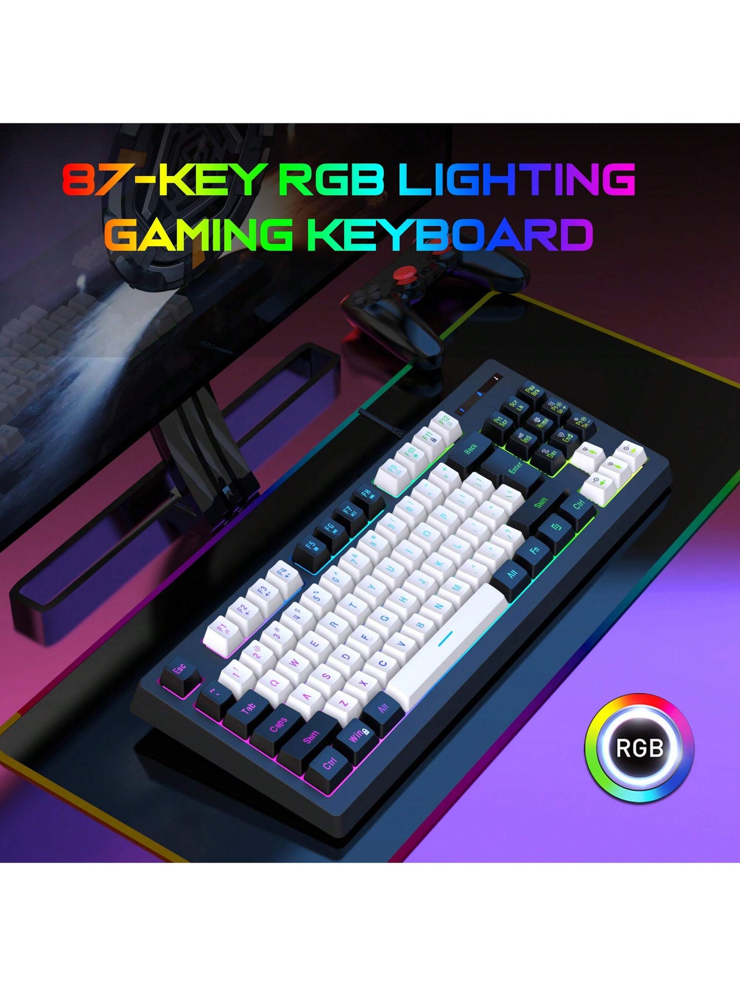 Snpurdiri Snpurdiri Rgb Illuminated, Compact Gaming Keyboard, Usb Cable 87-Key Gaming Keyboard, Led Rainbow Backlit Keyboard, Membrane Keyboard, Suitable for Laptop, Pc Gaming, and Work Keyboard