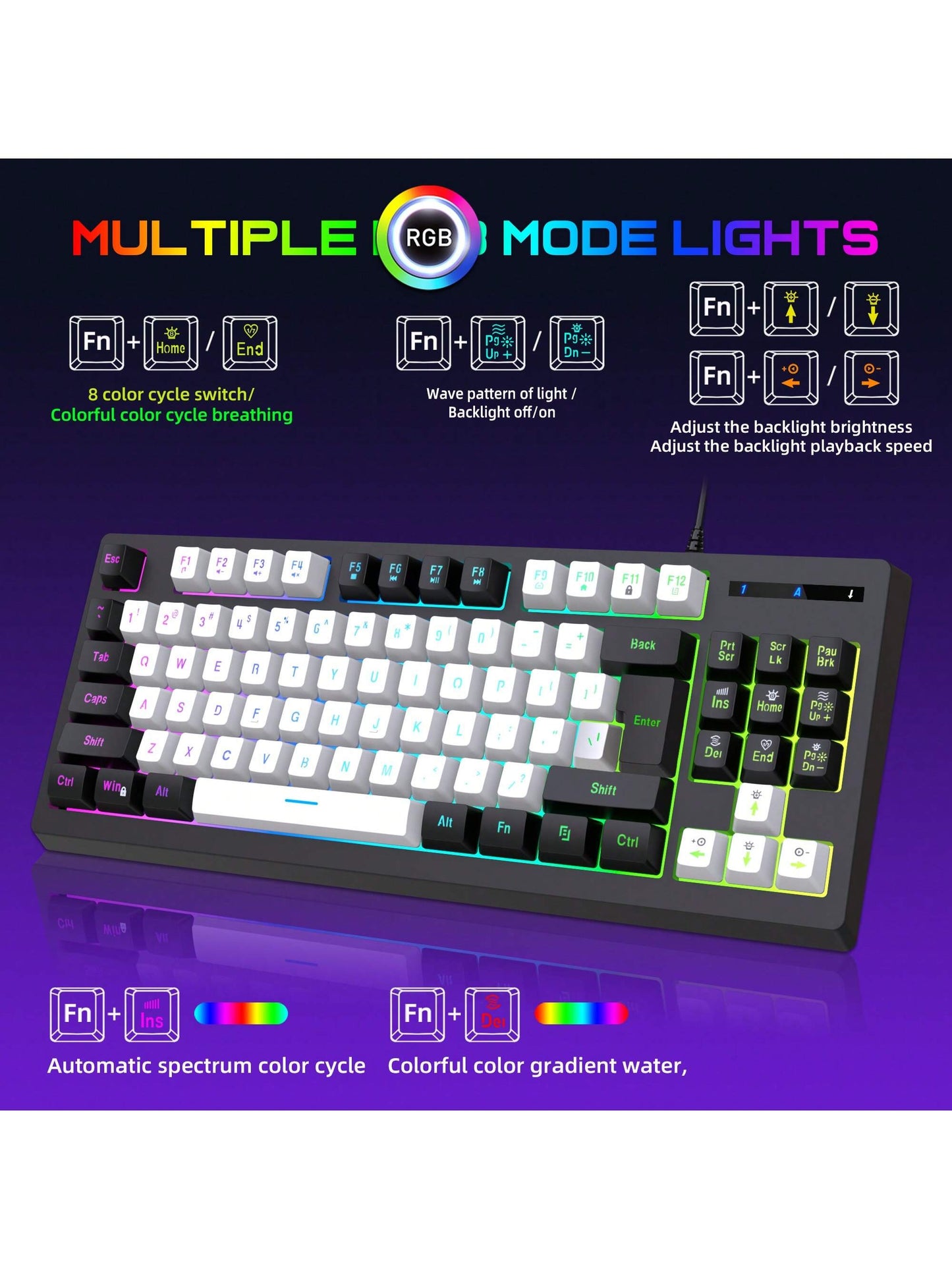 Snpurdiri Snpurdiri Rgb Illuminated, Compact Gaming Keyboard, Usb Cable 87-Key Gaming Keyboard, Led Rainbow Backlit Keyboard, Membrane Keyboard, Suitable for Laptop, Pc Gaming, and Work Keyboard