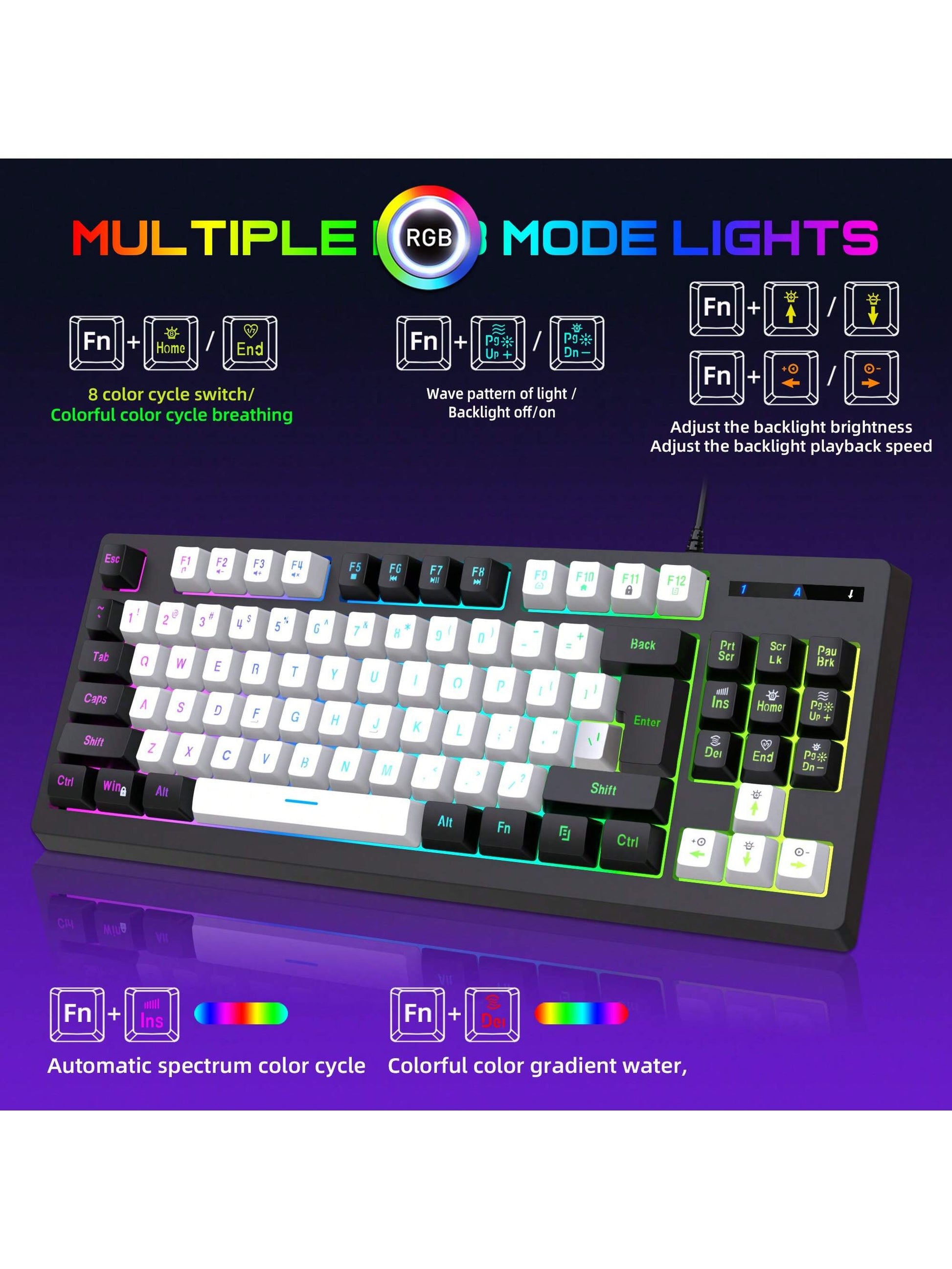 Snpurdiri Snpurdiri Rgb Illuminated, Compact Gaming Keyboard, Usb Cable 87-Key Gaming Keyboard, Led Rainbow Backlit Keyboard, Membrane Keyboard, Suitable for Laptop, Pc Gaming, and Work Keyboard