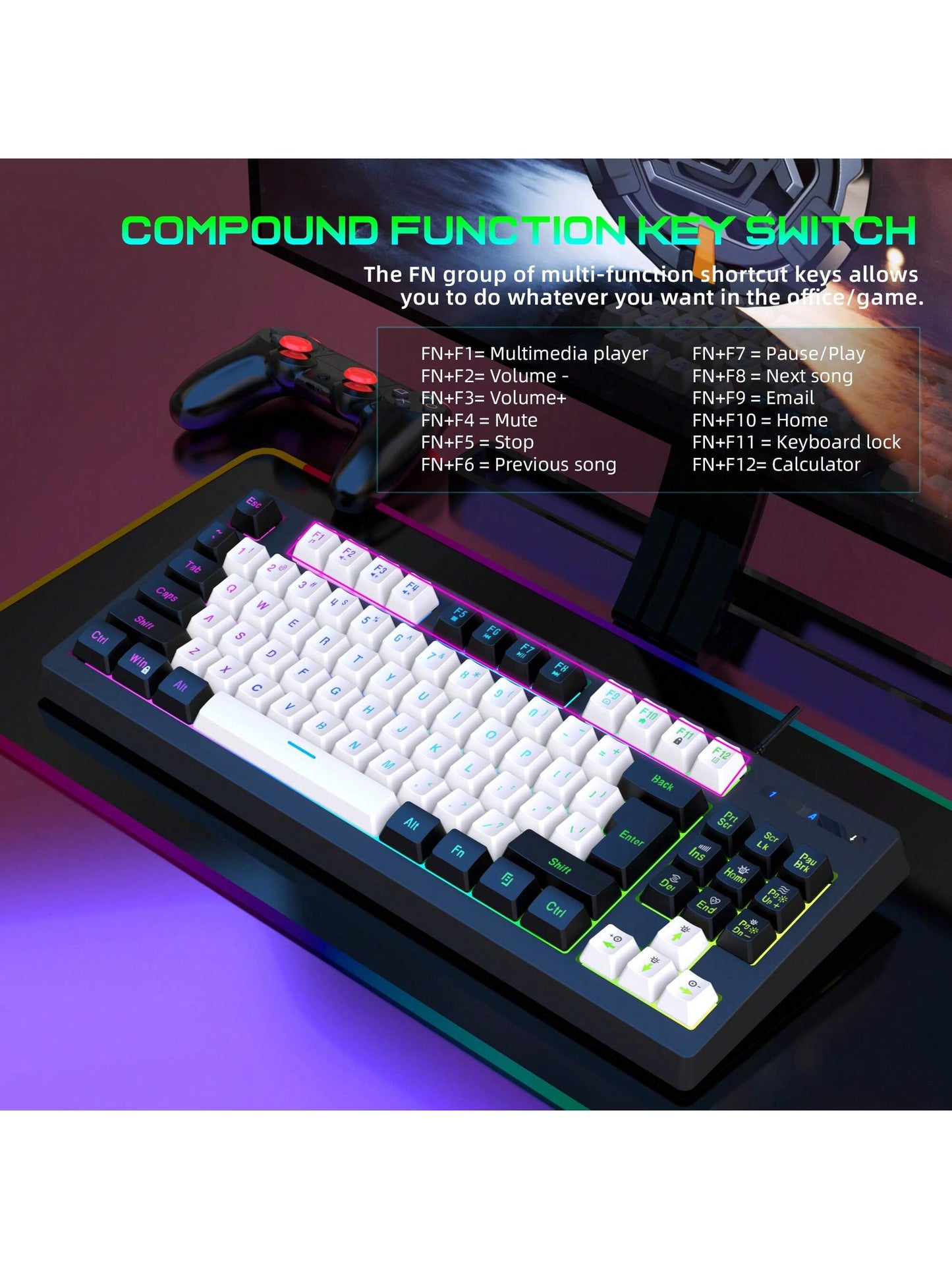 Snpurdiri Snpurdiri Rgb Illuminated, Compact Gaming Keyboard, Usb Cable 87-Key Gaming Keyboard, Led Rainbow Backlit Keyboard, Membrane Keyboard, Suitable for Laptop, Pc Gaming, and Work Keyboard