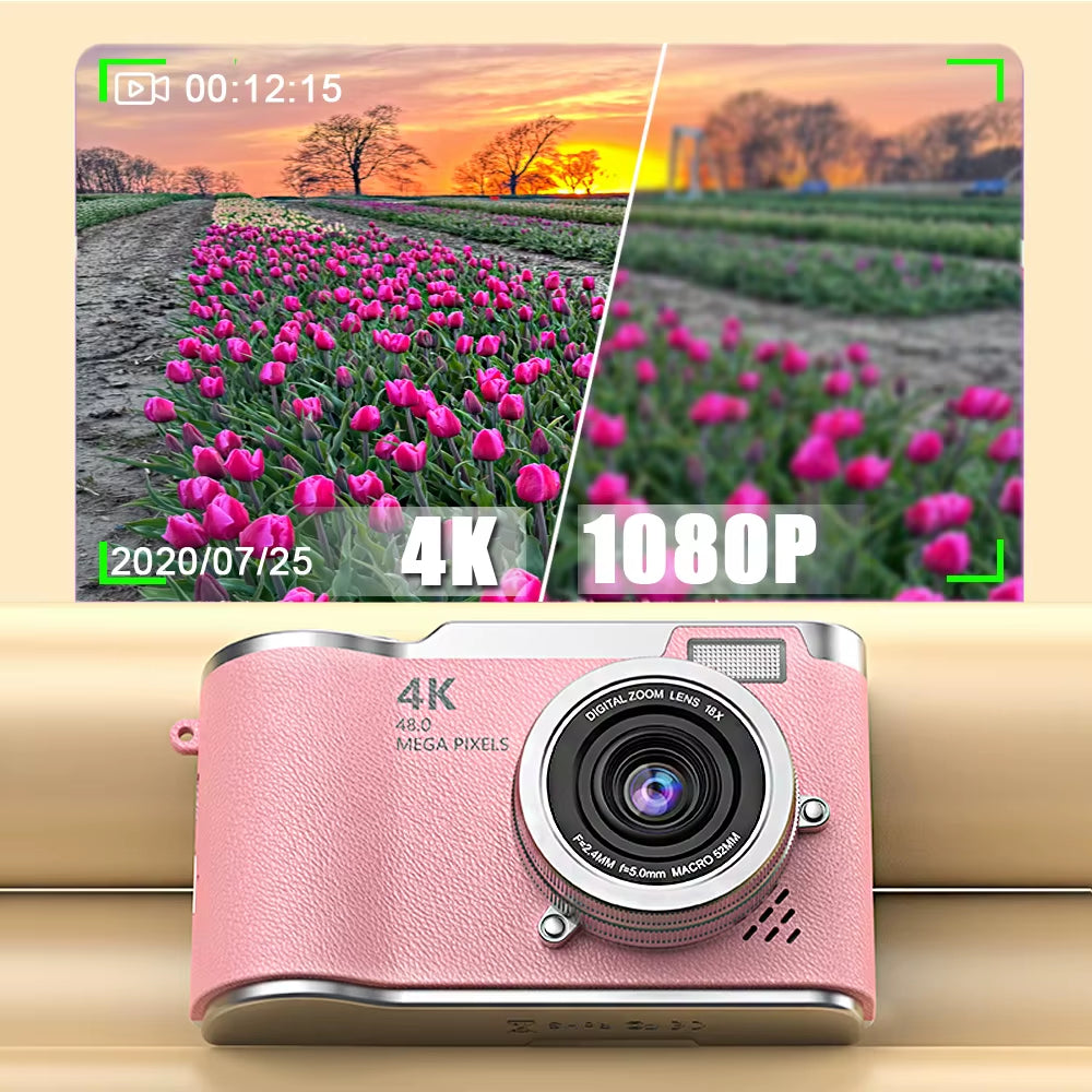 4K CCD 8X Digital Zoom Digital Camera for Student 48MP Compact Digital Photography Camera 180°Flip Screen Selfile Camera