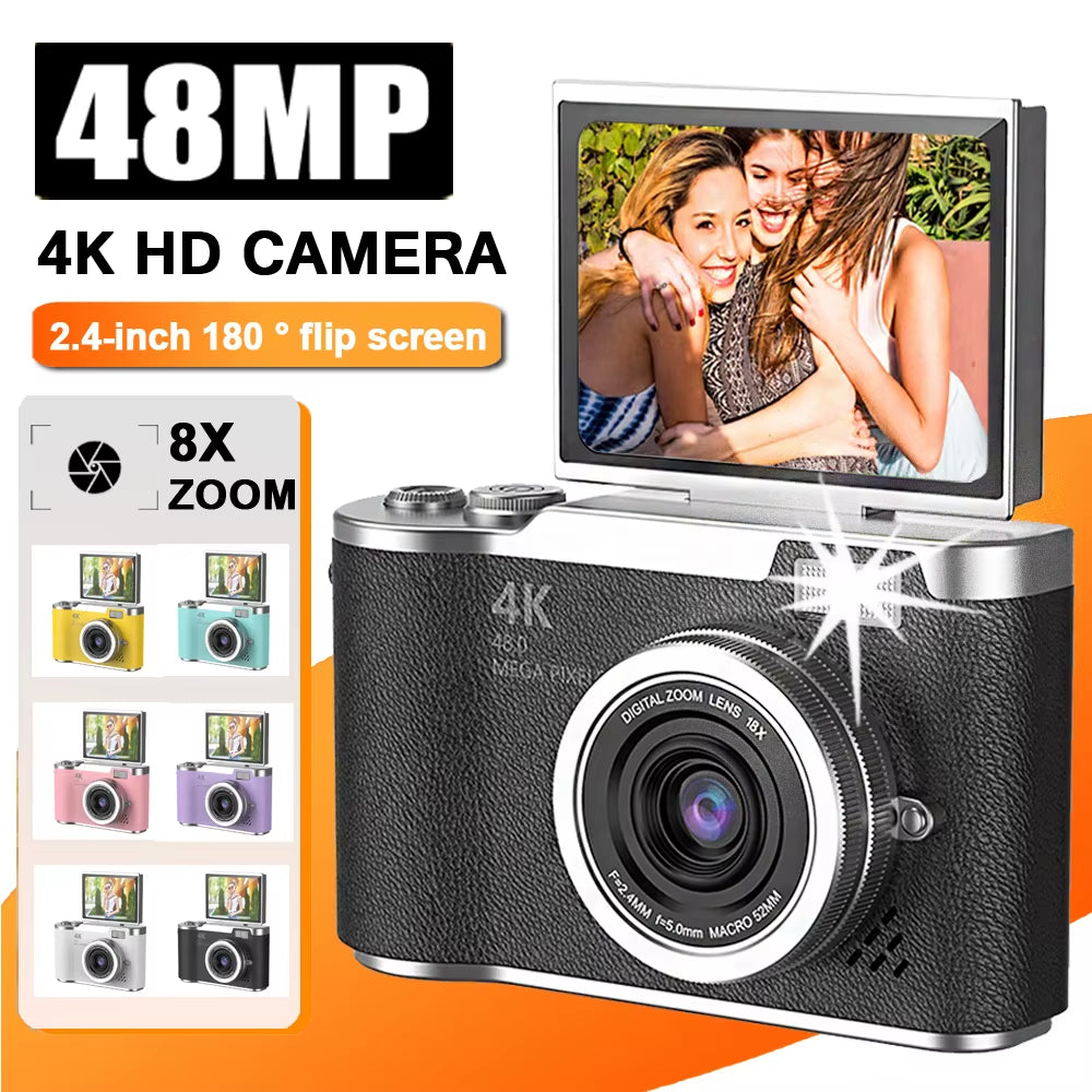4K CCD 8X Digital Zoom Digital Camera for Student 48MP Compact Digital Photography Camera 180°Flip Screen Selfile Camera