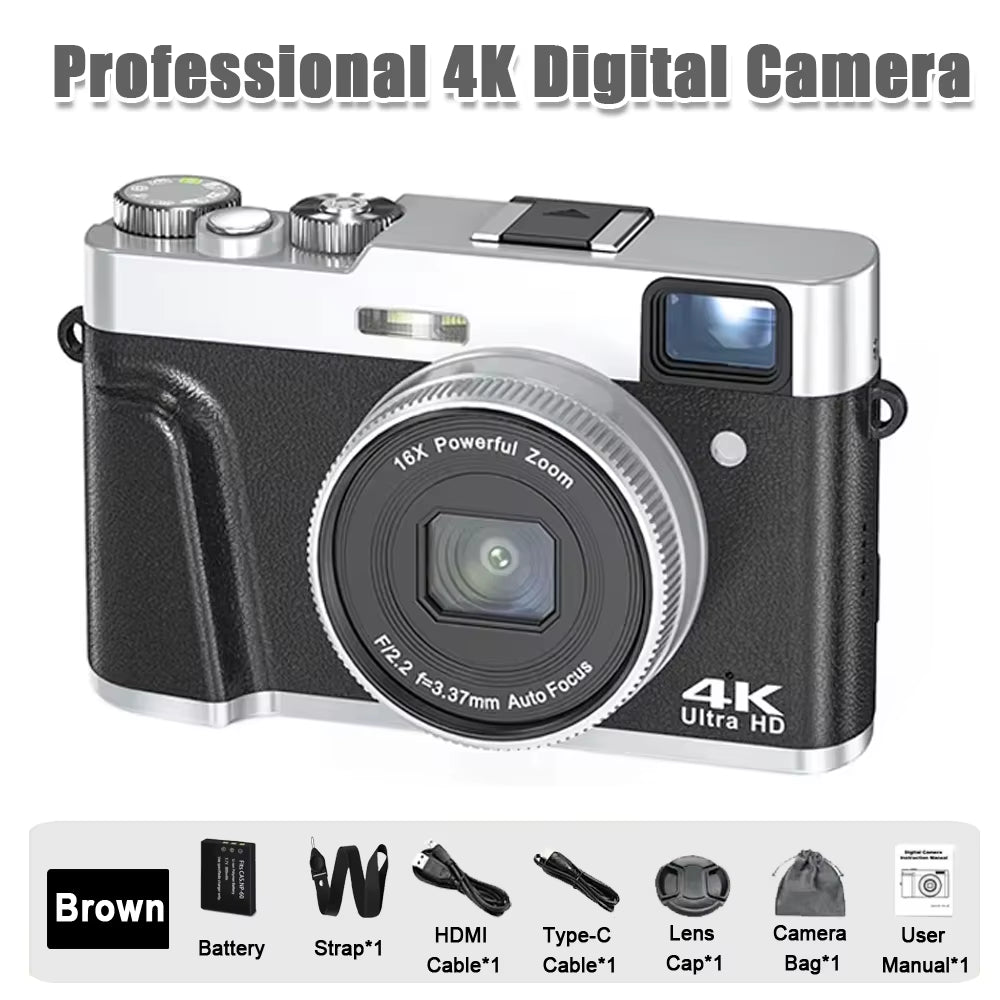 4K CCD 8X Digital Zoom Digital Camera for Student 48MP Compact Digital Photography Camera 180°Flip Screen Selfile Camera
