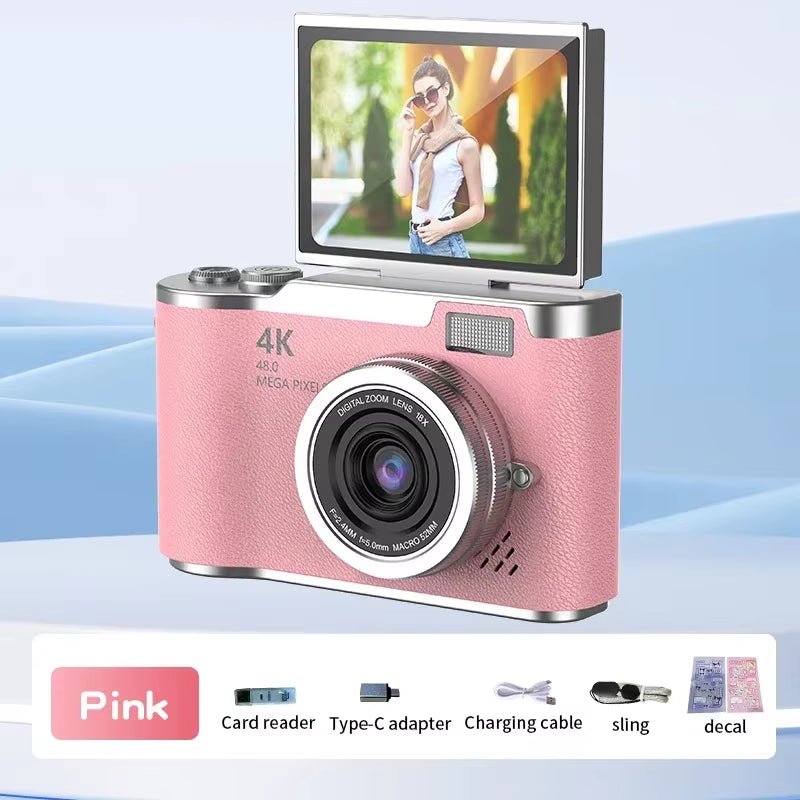 4K CCD 8X Digital Zoom Digital Camera for Student 48MP Compact Digital Photography Camera 180°Flip Screen Selfile Camera